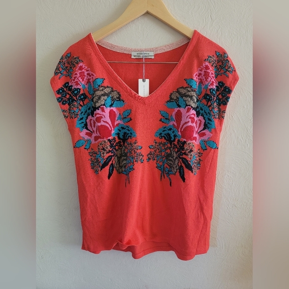 Anthropologie Aldo Martins Floral‎ V-Neck Sweater, Pink Coral, Size Small - Picture 3 of 9